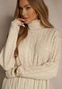 Jasnobeżowa Sukienka Sweterkowa z Golfem Wełną  Bawełną i Ozdobnym Splotem Reilenea