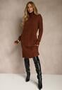 Jasnobrązowa Sukienka Sweterkowa z Golfem Wełną  Bawełną i Ozdobnym Splotem Reilenea