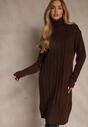 Brązowa Sukienka Sweterkowa z Golfem Wełną  Bawełną i Ozdobnym Splotem Reilenea