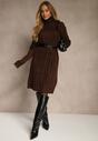 Brązowa Sukienka Sweterkowa z Golfem Wełną  Bawełną i Ozdobnym Splotem Reilenea