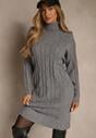 Szara Sukienka Sweterkowa z Golfem Wełną  Bawełną i Ozdobnym Splotem Reilenea