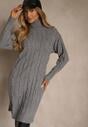 Szara Sukienka Sweterkowa z Golfem Wełną  Bawełną i Ozdobnym Splotem Reilenea