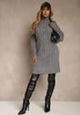Szara Sukienka Sweterkowa z Golfem Wełną  Bawełną i Ozdobnym Splotem Reilenea