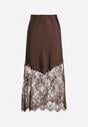 Brązowa Koktajlowa Spódnica z Satyny z Koronką Avelori