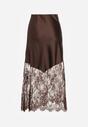 Brązowa Koktajlowa Spódnica z Satyny z Koronką Avelori