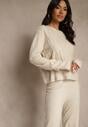 Jasnobeżowy Dzianinowy Komplet z Wełną Spodnie Wide Leg i Sweter Cropped Nezera