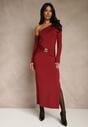 Bordowa Sukienka z Wiskozą Aplikacją Marszczeniem i Wywiniętym Dekoltem Reilenna