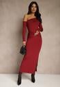 Bordowa Sukienka z Wiskozą Aplikacją Marszczeniem i Wywiniętym Dekoltem Reilenna