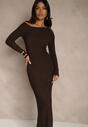 Brązowa Sukienka o Dopasowanym Kroju Ozdobiona Metaliczną Aplikacją Reittia