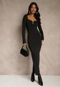 Czarna Sukienka Koktajlowa z Wiskozą i Metaliczną Klamrą przy Dekolcie Refire