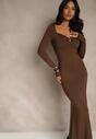 Brązowa Sukienka Koktajlowa z Wiskozą i Metaliczną Klamrą przy Dekolcie Refire