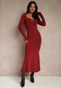 Bordowa Sukienka Koktajlowa z Wiskozą i Metaliczną Klamrą przy Dekolcie Refire