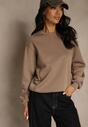 Ciemnobeżowa Bluza z Bawełną i Przeszyciami przy Dekolcie Fezanna