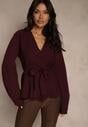 Bordowy Kardigan z Wiskozą Ozdobiony w Pasie Wiązaniem Tusllima