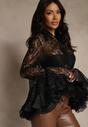 Czarna Koszula z Koronki z Falbankami Ezifina