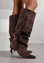 Brązowe Kozaki z Imitacji Zamszu na Szpilce z Marszczoną Cholewką z Frędzlami Linotris