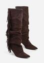 Brązowe Kozaki z Imitacji Zamszu na Szpilce z Marszczoną Cholewką z Frędzlami Linotris