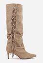 Ciemnobeżowe Kozaki z Imitacji Zamszu na Szpilce z Marszczoną Cholewką z Frędzlami Linotris