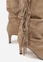 Ciemnobeżowe Kozaki z Imitacji Zamszu na Szpilce z Marszczoną Cholewką z Frędzlami Linotris