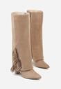 Ciemnobeżowe Kozaki na Słupkowym Obcasie z Cholewką Imitującą Nogawkę z Frędzlami Linafela