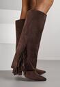 Brązowe Kozaki na Słupkowym Obcasie z Cholewką Imitującą Nogawkę z Frędzlami Linafela