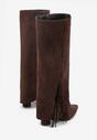 Brązowe Kozaki na Słupkowym Obcasie z Cholewką Imitującą Nogawkę z Frędzlami Linafela
