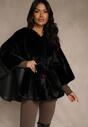 Czarne Futerkowe Ponczo Ozdobione Paskiem Monareva
