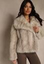 Beżowa Kurtka Futerko Ozdobione Cieniowanym Motywem Monideva
