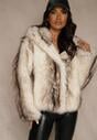 Biała Kurtka Futerko z Nieodpinanym Kapturem Tusnema