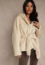Beżowa Futerkowa Kurtka z Kapturem i Wiązanym Paskiem Zetele
