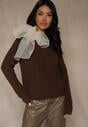 Brązowy Sweter z Dodatkiem Wełny Ozdobiony przy Szyi Wiązaniem Tusmele