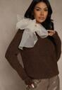 Brązowy Sweter z Dodatkiem Wełny Ozdobiony przy Szyi Wiązaniem Tusmele