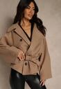 Beżowy Pudełkowy Krótki Płaszcz z Wiskozą z Wiązanym Paskiem i Kołnierzykiem Tusainea