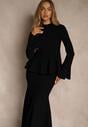Czarny Komplet z Dzianiny z Wiskozą Spódnica i Sweter z Baskinką i Cyrkoniami Nereza