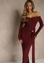 Bordowa Marszczona Sukienka o Dopasowanym Kroju z Trenem i Rozcięciem Aluilea