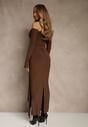 Brązowa Marszczona Sukienka o Dopasowanym Kroju z Trenem i Rozcięciem Aluilea