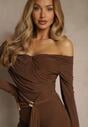 Brązowa Marszczona Sukienka o Dopasowanym Kroju z Trenem i Rozcięciem Aluilea