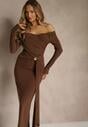 Brązowa Marszczona Sukienka o Dopasowanym Kroju z Trenem i Rozcięciem Aluilea