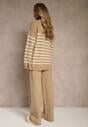Ciemnobeżowy Komplet z Bawełną i Wełną Spodnie o Szerokim Kroju i Sweter w Paski Reimeia