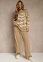 Ciemnobeżowy Komplet z Bawełną i Wełną Spodnie o Szerokim Kroju i Sweter w Paski Reimeia