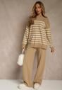Ciemnobeżowy Komplet z Bawełną i Wełną Spodnie o Szerokim Kroju i Sweter w Paski Reimeia