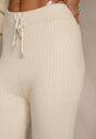 Jasnobeżowe Szerokie Spodnie z Wełną 	High Waist z Prążkowanego Materiału Reinna