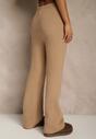 Beżowe Szerokie Spodnie z Wełną 	High Waist z Prążkowanego Materiału Reinna
