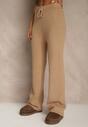 Beżowe Szerokie Spodnie z Wełną 	High Waist z Prążkowanego Materiału Reinna