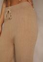 Beżowe Szerokie Spodnie z Wełną 	High Waist z Prążkowanego Materiału Reinna