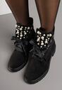 Czarne Botki z Imitacji Zamszu z Ozdobnymi Sznurówkami Perłami i Cyrkoniami Jovilda