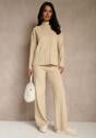Beżowy Komplet Dzianinowy Spodnie o Szerokim Kroju i Sweter Półgolf Datusa