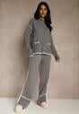 Szary Komplet Dzianinowy Sweter i Spodnie o Szerokim Kroju Ozdobione Lamówką Wedara