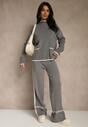 Szary Komplet Dzianinowy Sweter i Spodnie o Szerokim Kroju Ozdobione Lamówką Wedara