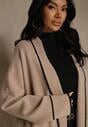 Beżowy Niezapinany Kardigan o Długim Kroju z Lamówką Venisse
